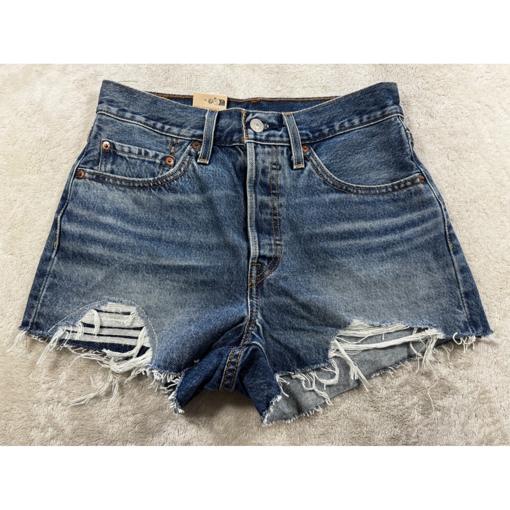 NWT Levi Womens 501 Distressed High‎ Rise Blue Denim Shorts 26 Meas: 28x2